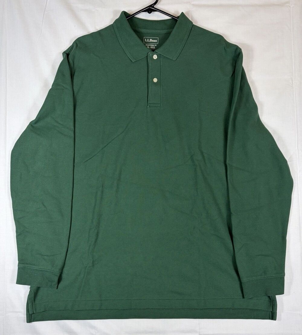 LL Bean Polo Shirt Long Sleeve Traditional Fit Cotton Green Men’s XL Regular